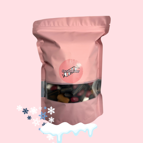 Winterse snoepmix in roze zak met candymixer logo
