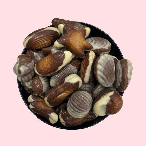 Wit-bruine chocolade in zeevruchten vorm in zwart bakje