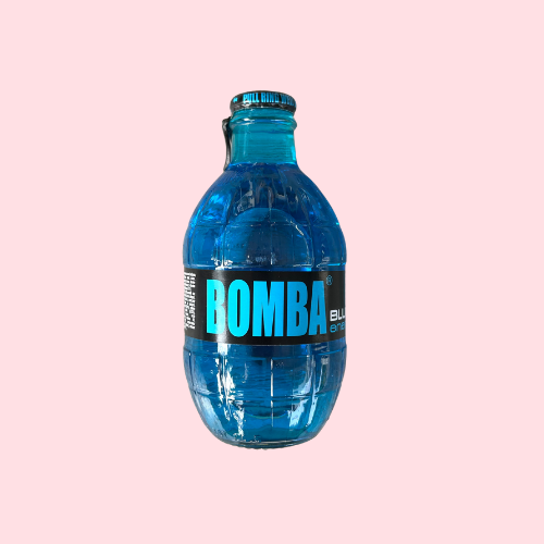 Blauwe granaatvormige Bomba Energy glazen fles