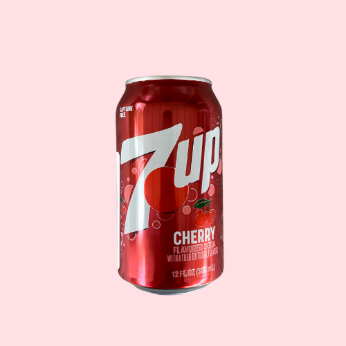 Rood 7UP Cherry blikje met 7UP-logo en rode rondjes