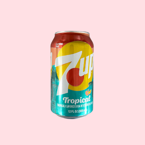 Rood-geel-groen 7UP Tropical blikje met 7UP-logo