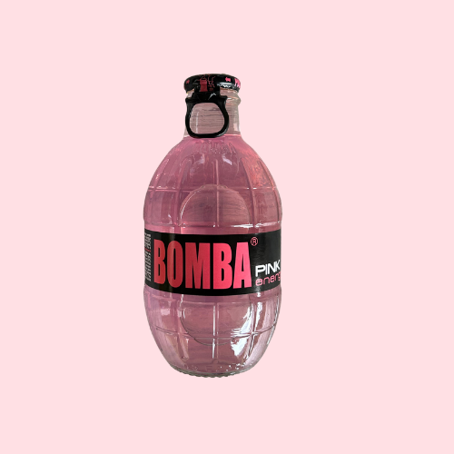 Roze granaatvormige Bomba Energy glazen fles
