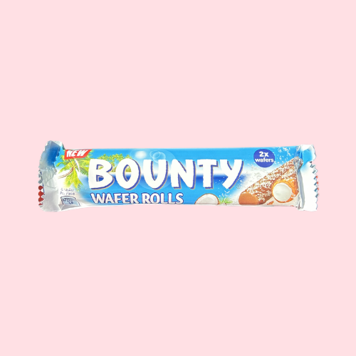 Bounty Wafer Rolls licht blauw met witte verpakking met bounty logo