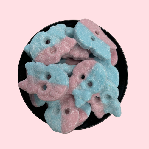 Bubs Foam Bubblegum Skulls blauw roze skelet vormige snoep in zwart bakje