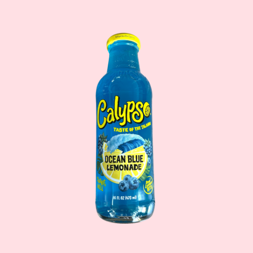 Blauw Calypso Ocean Blue Lemonade fles met gele accenten en fruitafbeelding