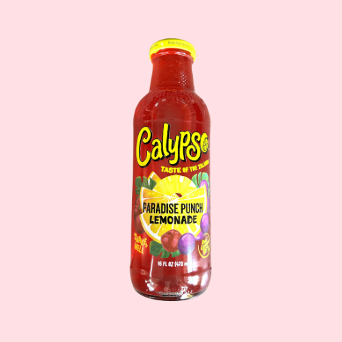 Rood-geel Calypso Paradise Punch Lemonade fles met fruitafbeelding