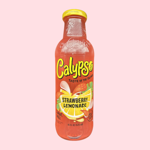 Calypso Strawberry Lemonade rode glazen fles met citroen en calypso logo