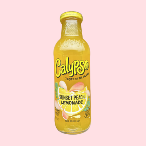 Calypso Sunset Peach Lemonade gele glazen fles met calypso logo en citroen