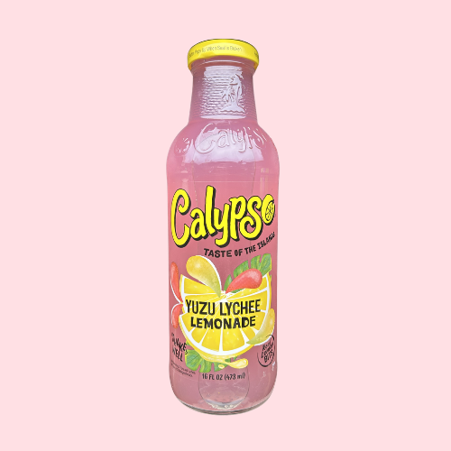 Calypso Yuzu Lychee Lemonade roze gele glazen fles met calypso logo