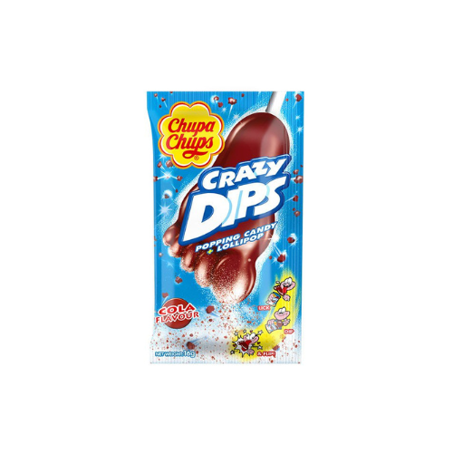 Crazy Dips Cola knettersnoep in blauwe verpakking met voetje