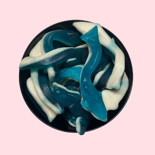 Blauwe dolfijnsnoepjes in zwart bakje