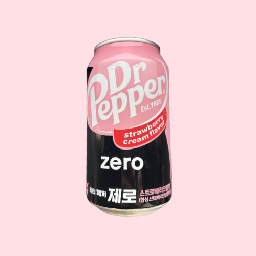 Dr Pepper Strawberry & Cream Zero roze zwart blikje met dr pepper logo