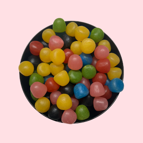 Dragibus Soft snoepjes geel, groen, blauw, roze, rood en zwart in zwart bakje