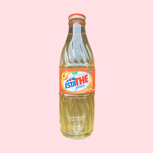 Estathe Peach Retro ice tea met perzik smaak en retro glazen fles geel