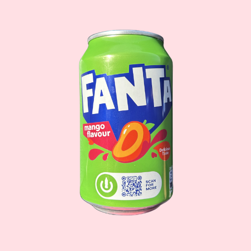 Fanta Mango groen blikje met mango en blauw fanta logo