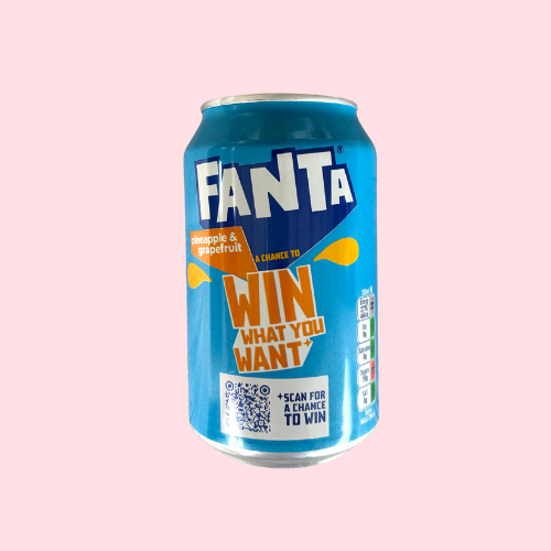 Blauw Fanta Pineapple Grapefruit blikje met Fanta-logo