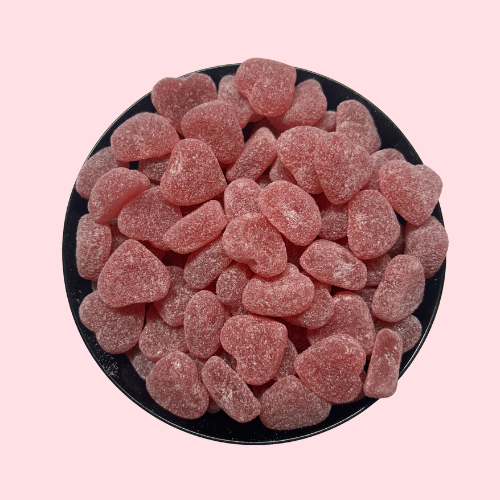 Framboos Hartjes snoep gesuikerd roze in zwart bakje