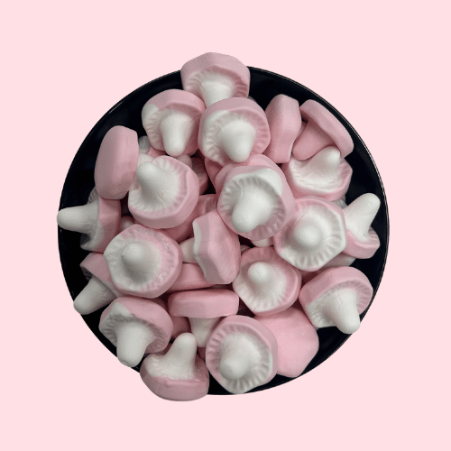 Franssons Mushrooms Fruit snoep in vorm van champignon roze in zwart bakje