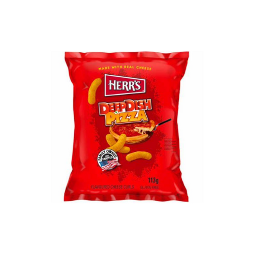 Herr’s Deep Dish Chips in rode verpakking met pizza
