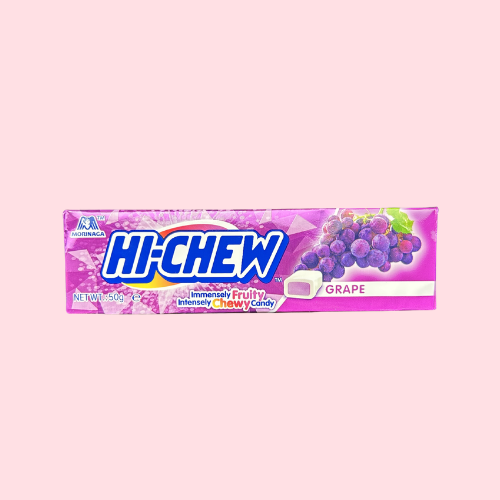 Hi-Chew Grape paarse verpakking met druif en hi-chew logo