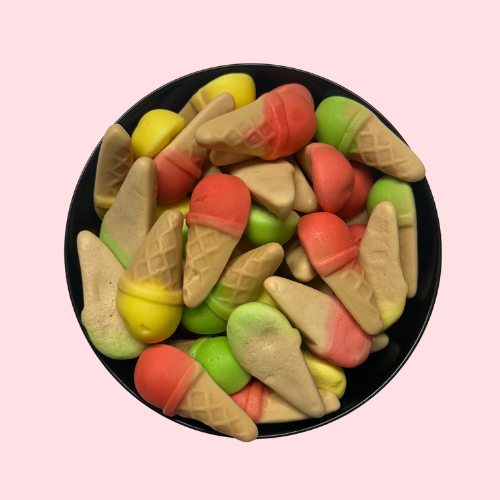 Ijsjessnoepjes rood, geel en groen in zwart bakje