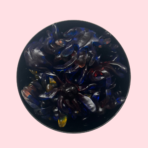 Donkerblauwe inktvissnoepjes met rode, gele en oranje tinten in zwart bakje