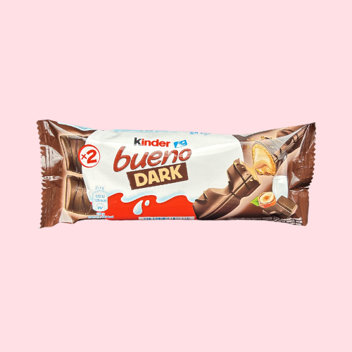 Kinder Bueno Dark rood, wit, bruine verpakking met bueno chocolade en kinder logo