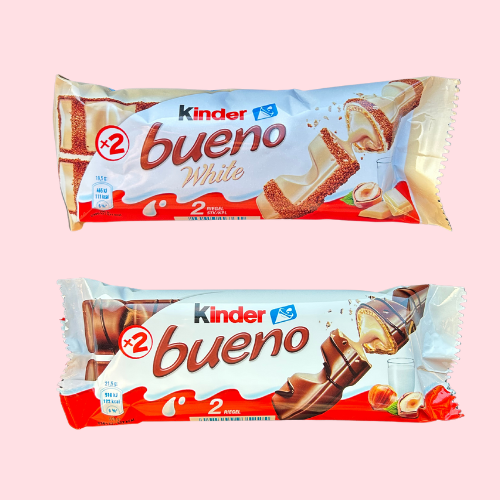 Kinder bueno white en melk chocolade repen, rood witte verpakking