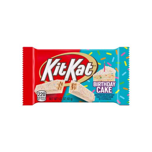 KitKat Birthday Cake in rood-groene verpakking met confetti en KitKat-logo