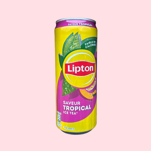 Lipton Ice Tea Tropical met geel-paars blikje met rood Lipton logo