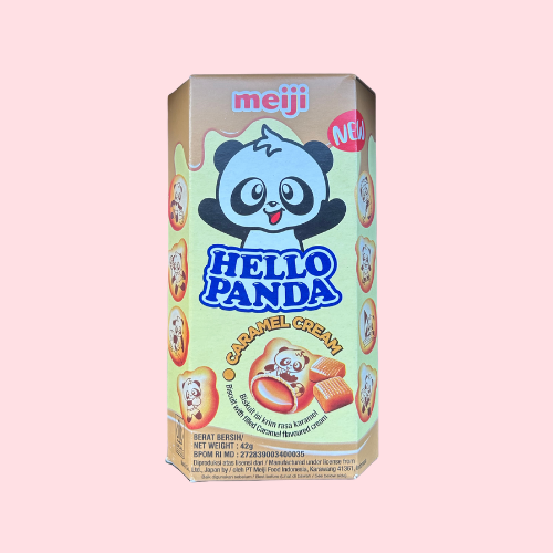 Meiji Hello Panda Caramel beige verpakking met panda logo