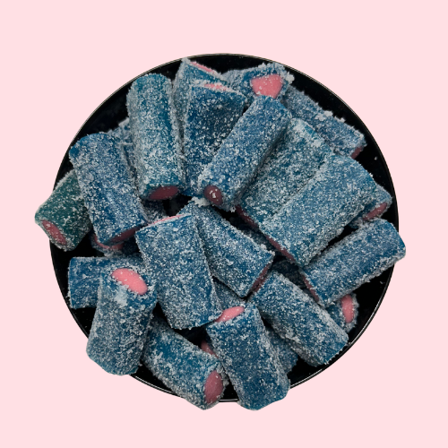 Blauwe lichtzure mini sticks met roze vulling in zwart bakje