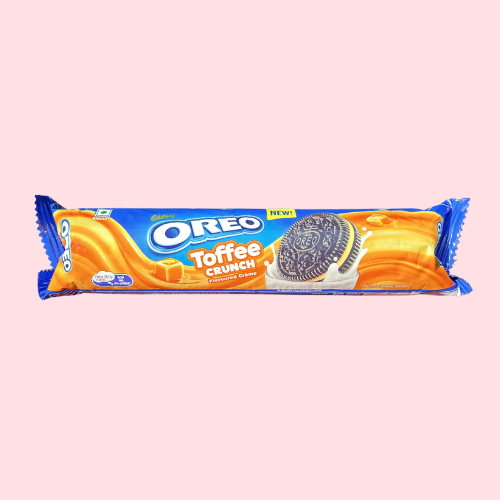 Oreo Toffee Crunch blauw gele verpakking met oreo logo