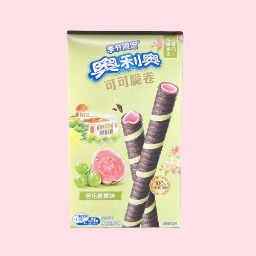 Oreo Wafer Rolls Guava Green Grape groene verpakking met wafer rolls en Aziatisch oreo logo