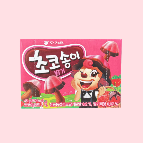 Orion Chocolate Mushroom Strawberry roze verpakking met lachend poppetje 