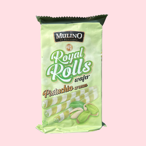 Pistache Wafer Rolls groene verpakking met pistache rolls koekjes