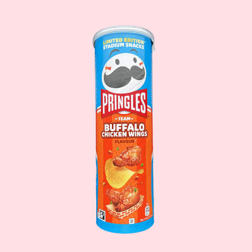 Pringles Buffalo Chicken Wings blauw oranje verpakking met Pringles logo