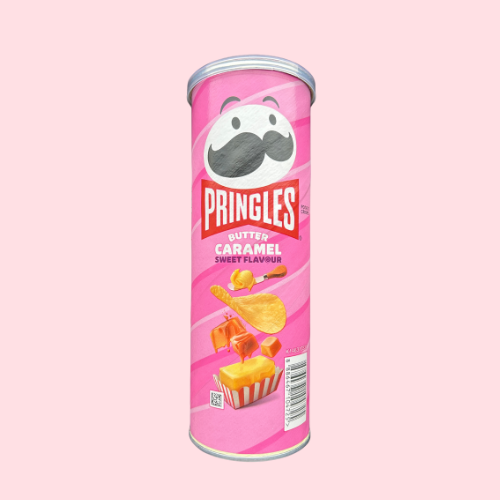 Pringles Butter Caramel chips met roze verpakking en pringles logo