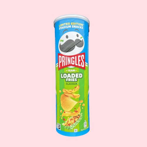 Pringles Loaded Fries groen blauwe verpakking met pringles logo