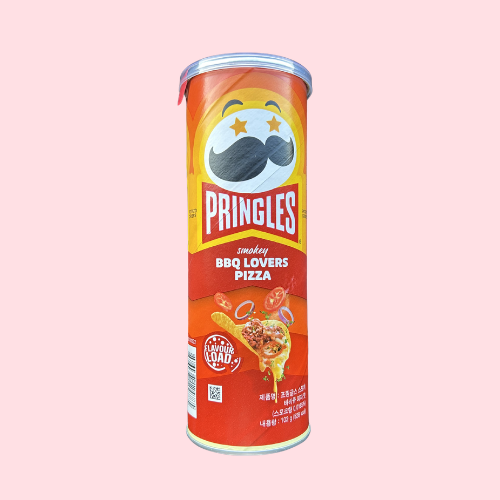 Pringles Smokey BBQ Lovers Pizza geel oranje pringles koker met pringles logo