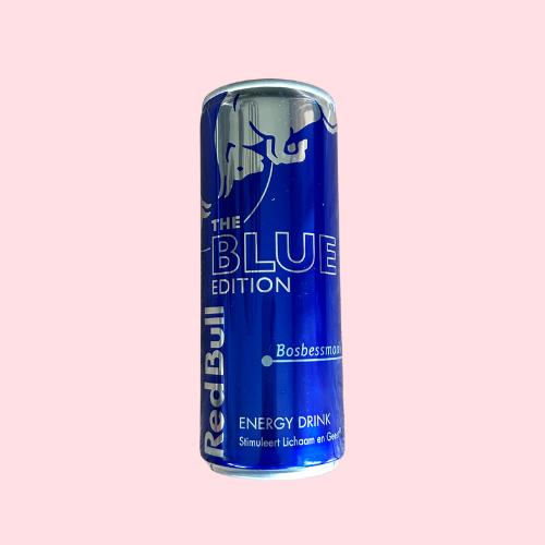 Blauw Red Bull Blue Edition blikje met stier-logo