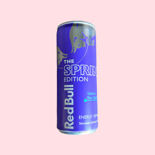 Paars Red Bull Spring Edition blikje met stier-logo