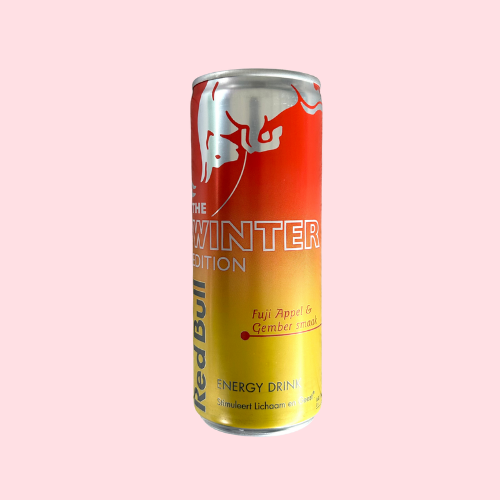 Rood-geel Red Bull Winter Edition gember-appel blikje met stier-logo