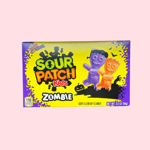 Sour Patch Kids Zombie met logo en paars gele verpakking met 2 snoepjes erop