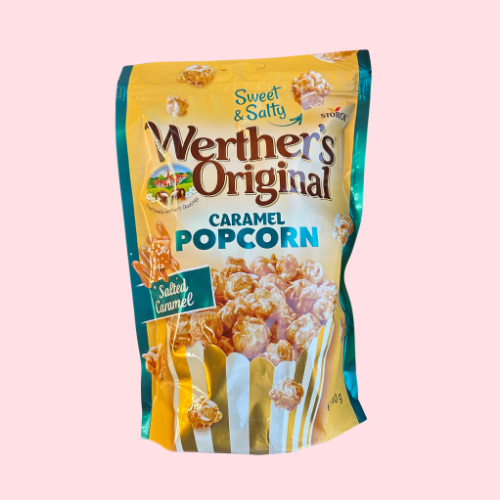 Werther's Original Popcorn Salted Caramel popcorn smaak in gouden-blauwe verpakking
