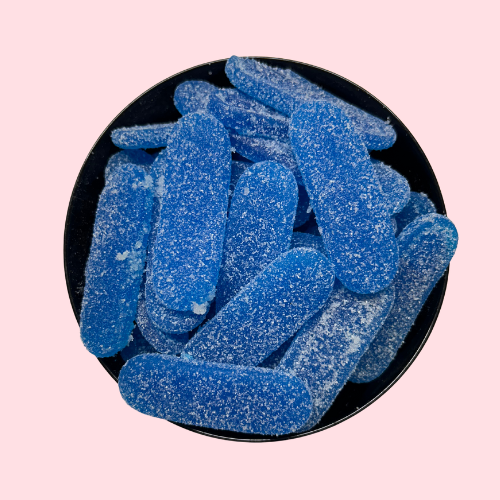 Gesuikerde zure Blauwe Tongen snoep in zwart bakje