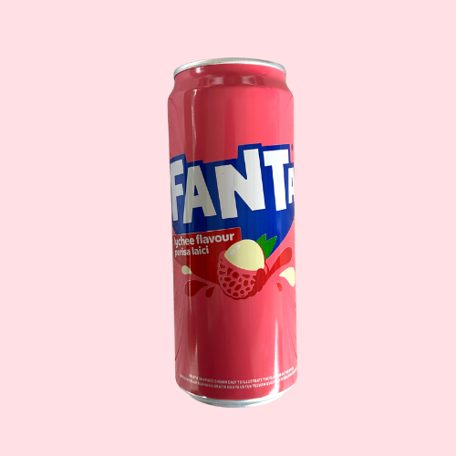Roze Fanta Lychee blikje met lychee en Fanta-logo